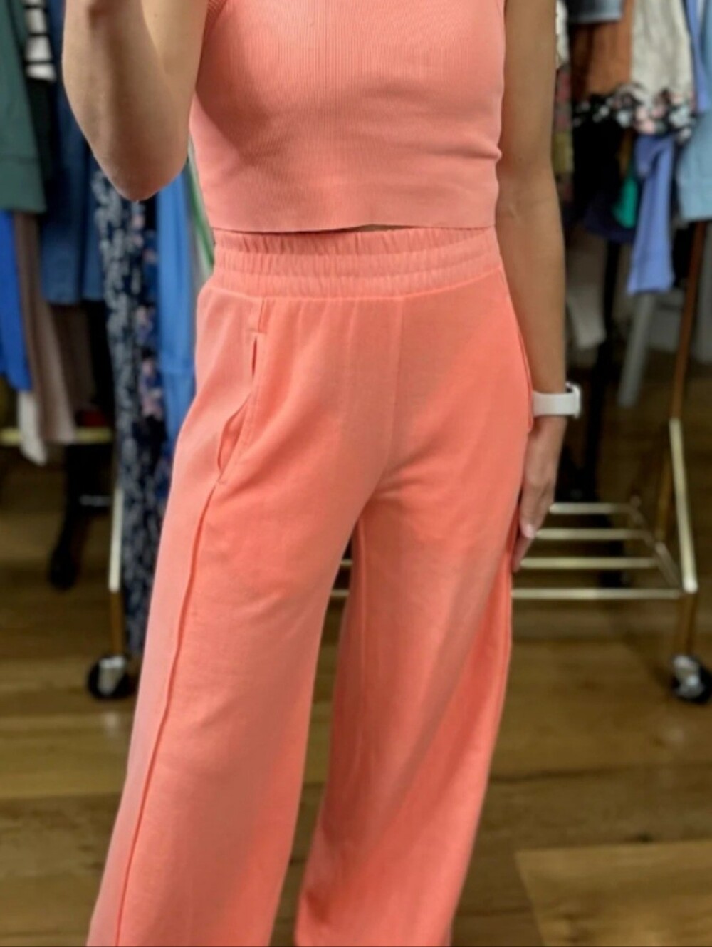 Wide-Leg Knit Pants in Coral - Women's Pull-On Lounge Pant